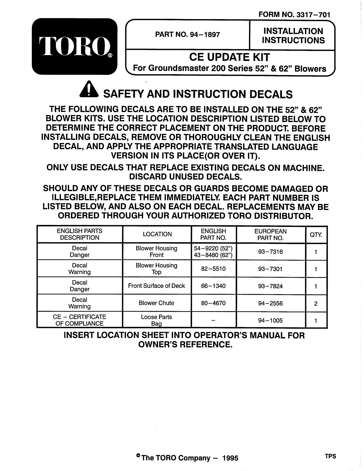 Toro 94-1897 Installation Instructions