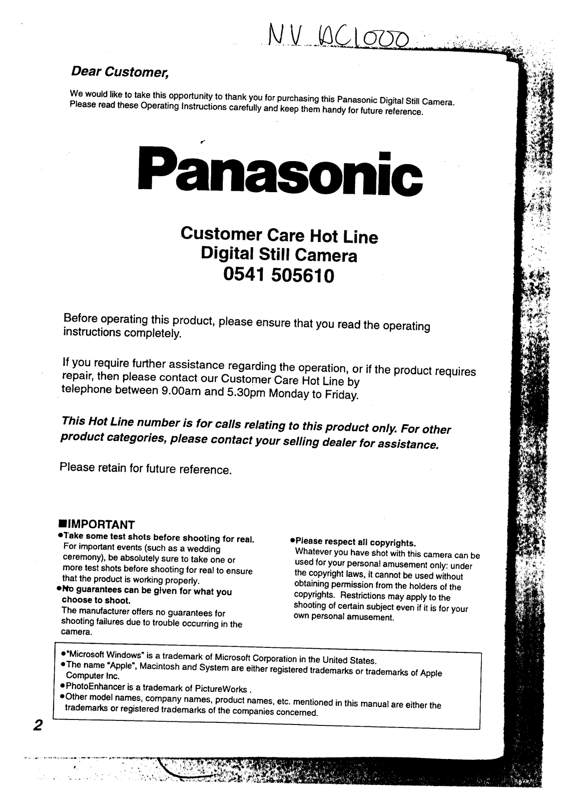 Panasonic NV-DC 1000 User Guide