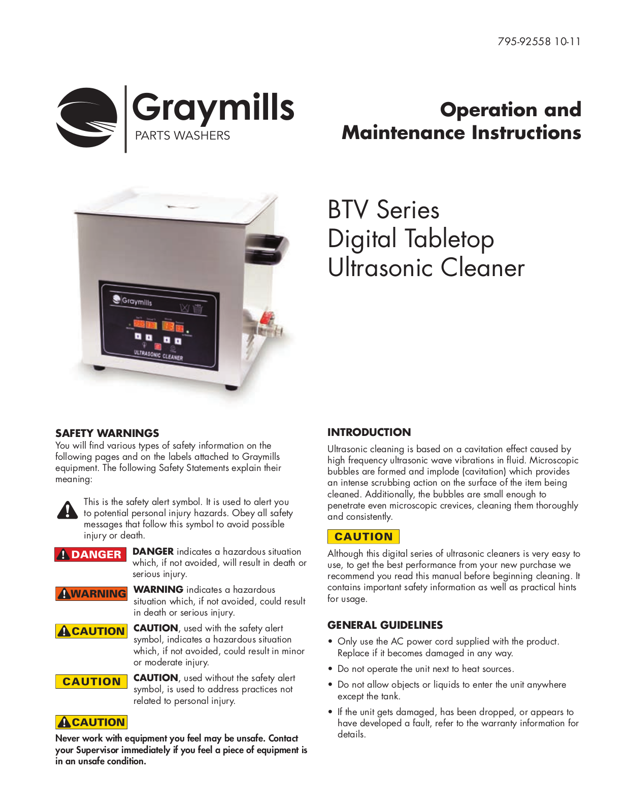 Graymills BTV Ultrasonic User Manual