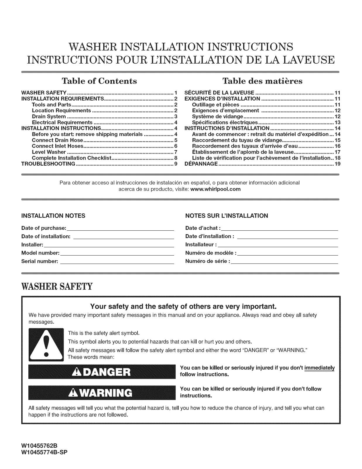 Whirlpool MVWX600BW0, MVWX500BW0, 7MMVWH450DW0, WTW8500DW0, WTW8500DC0 Installation Guide - ManualMachine.com
