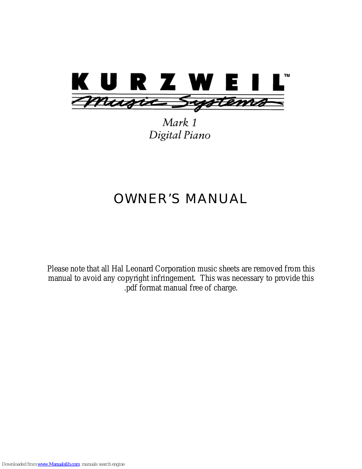 Kurzweil MARK I DIGITAL PIANO Owner's Manual