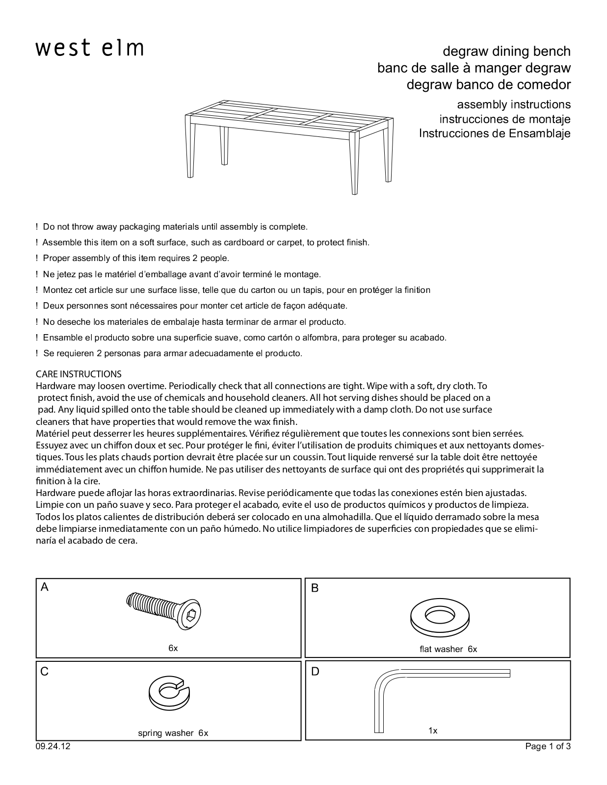 West Elm Degraw Dining Bench Assembly Instruction