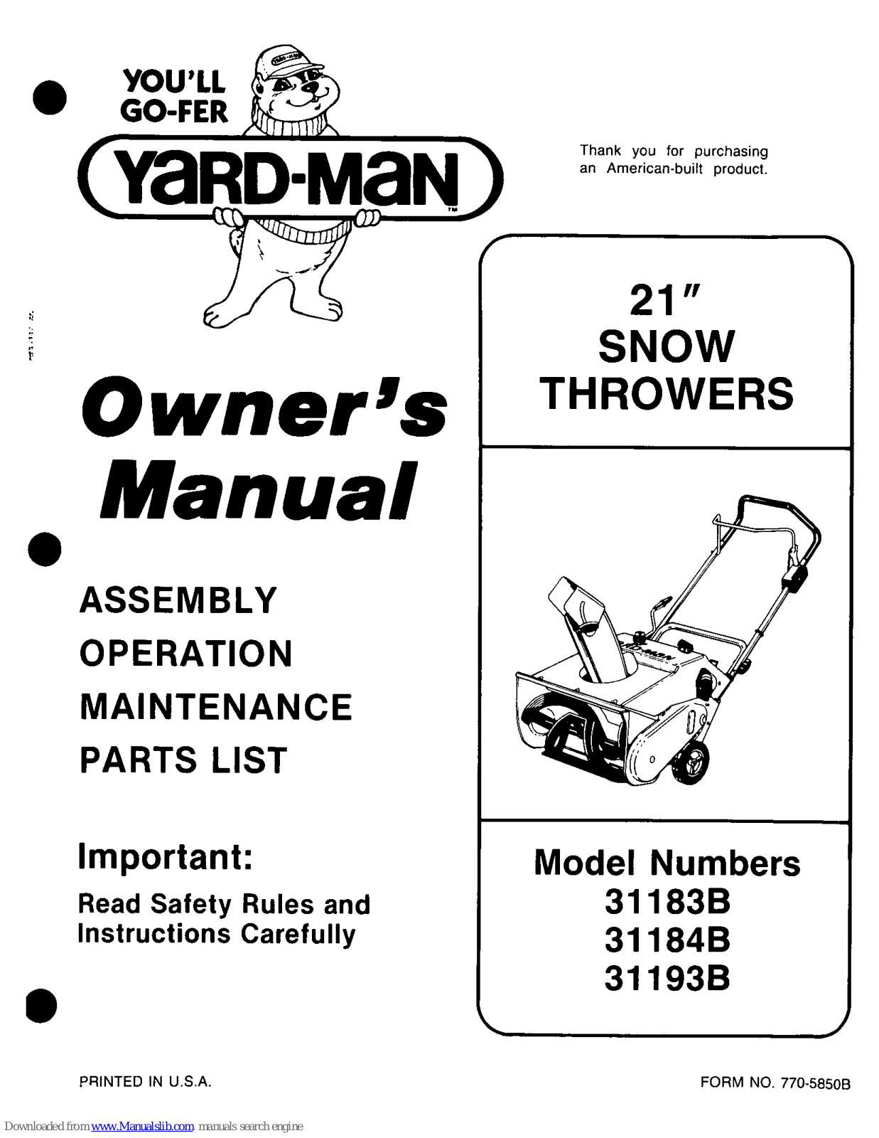 Yard-Man 31183b, 31193b, 31184b Owner's Manual