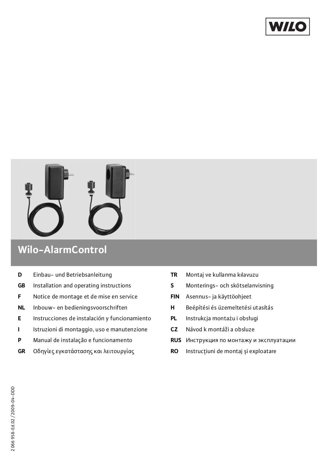 Wilo AlarmControl 1, AlarmControl 2 Installation And Operating Instructions Manual