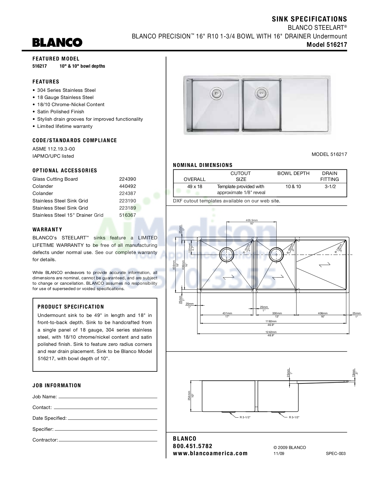 Blanco 516217 Specs