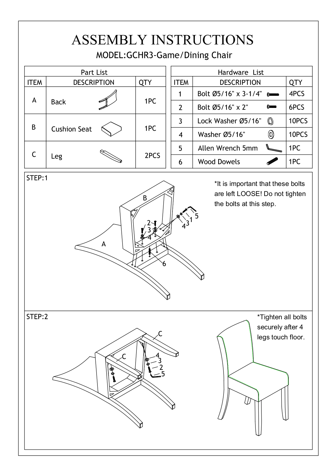 RAM Game Room GCHR3 Assembly Instructions