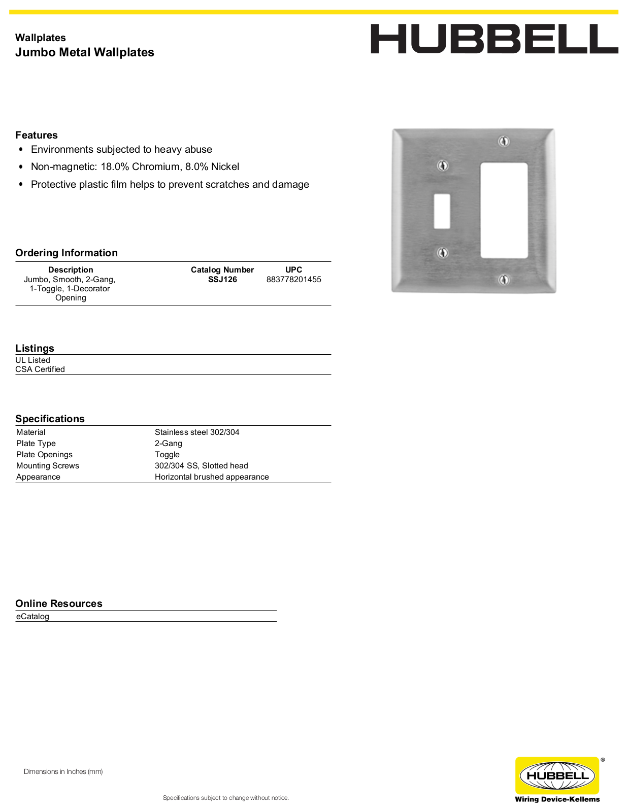 Hubbell SSJ126 Specifications