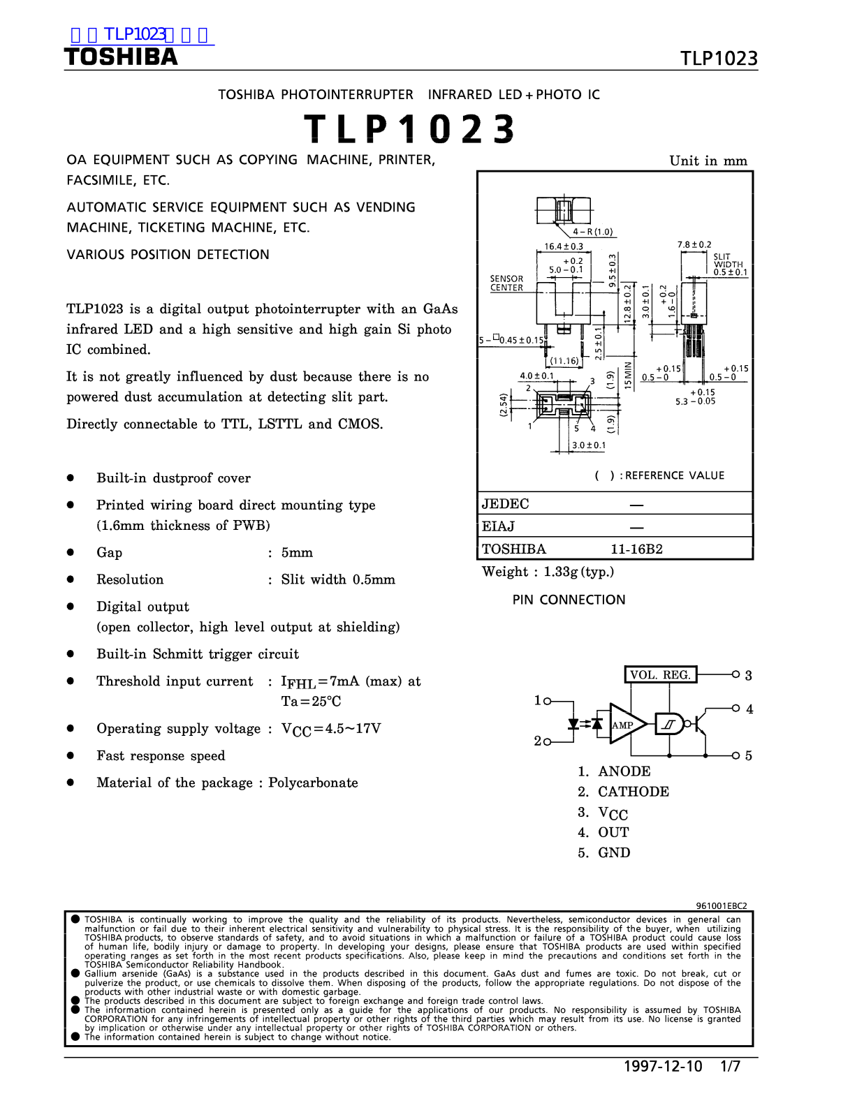 TOSHIBA TLP1023 Technical data