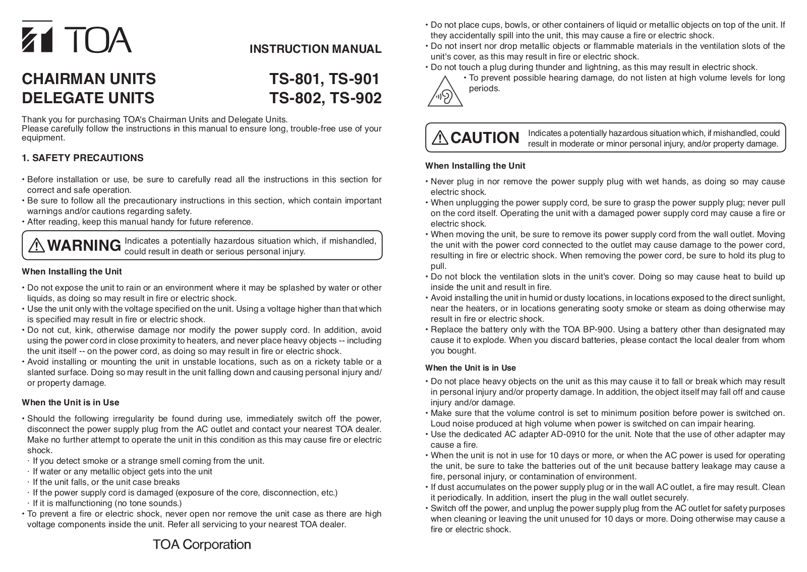 Toa TS-801, TS-901, TS-802, TS-902 Instruction Manual