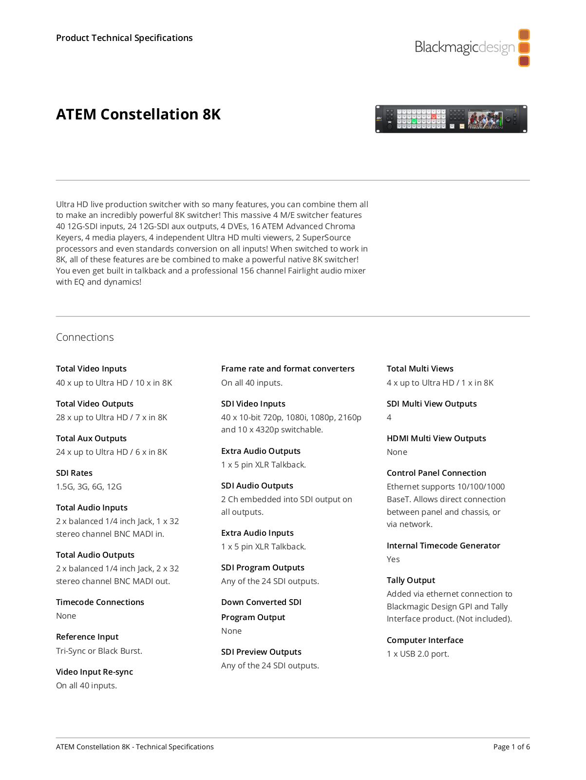 Blackmagic Design ATEM Constellation 8K Specifications