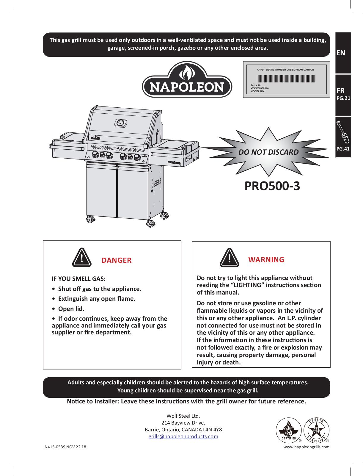 Napoleon PRO500RSIBPSS3 User Manual