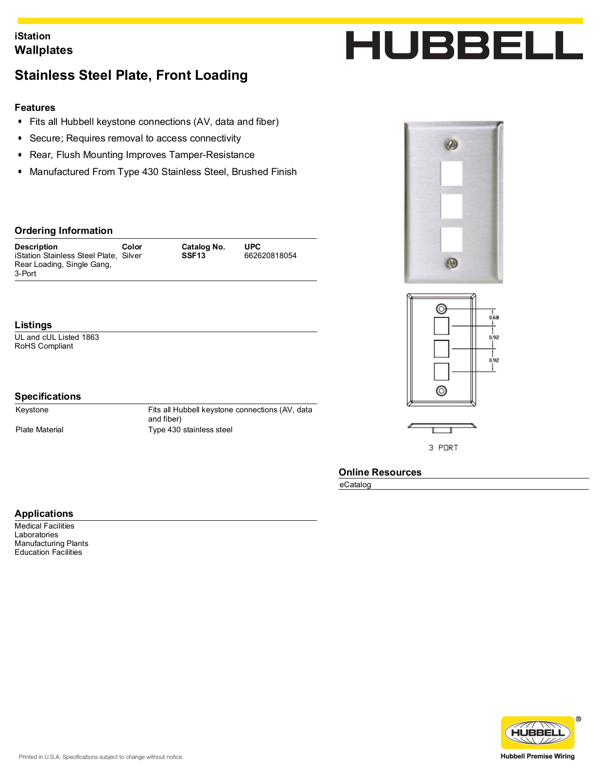 Hubbell SSF13 Specifications