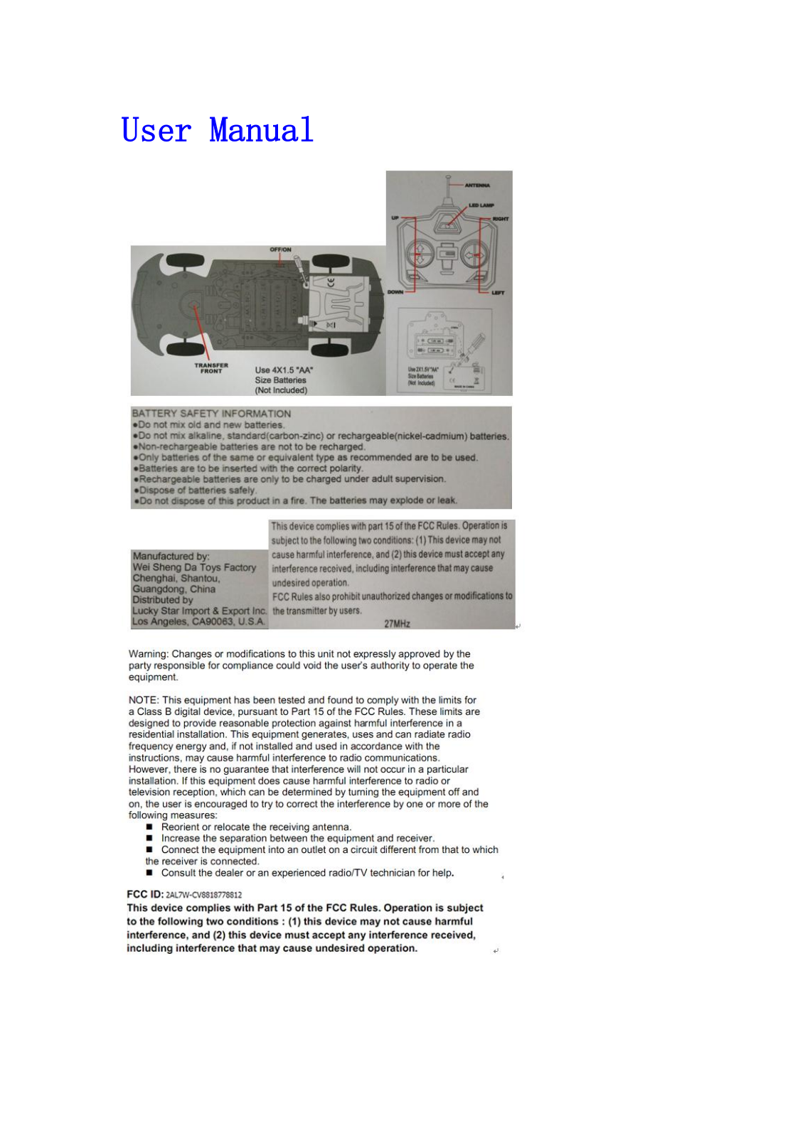 WEI SHENG DA TOYS FACTORY CV8818778812 User Manual