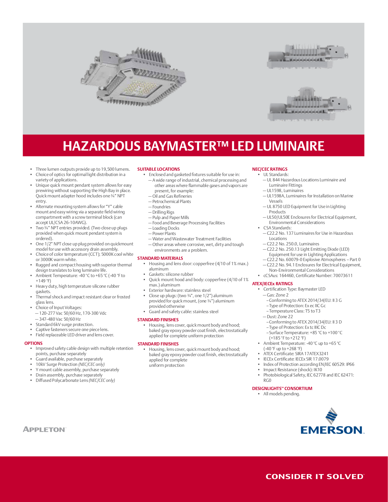 Appleton hazardous baymaster™ LED luminaire Data Sheet