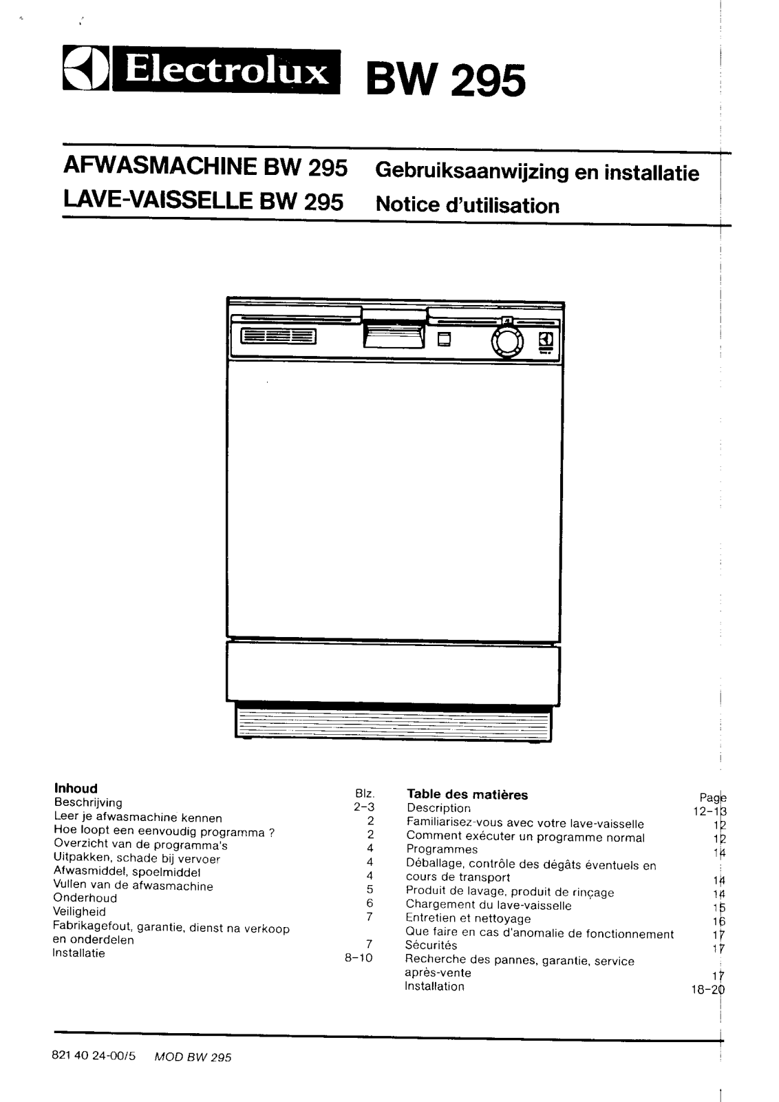 electrolux BW295 User Manual