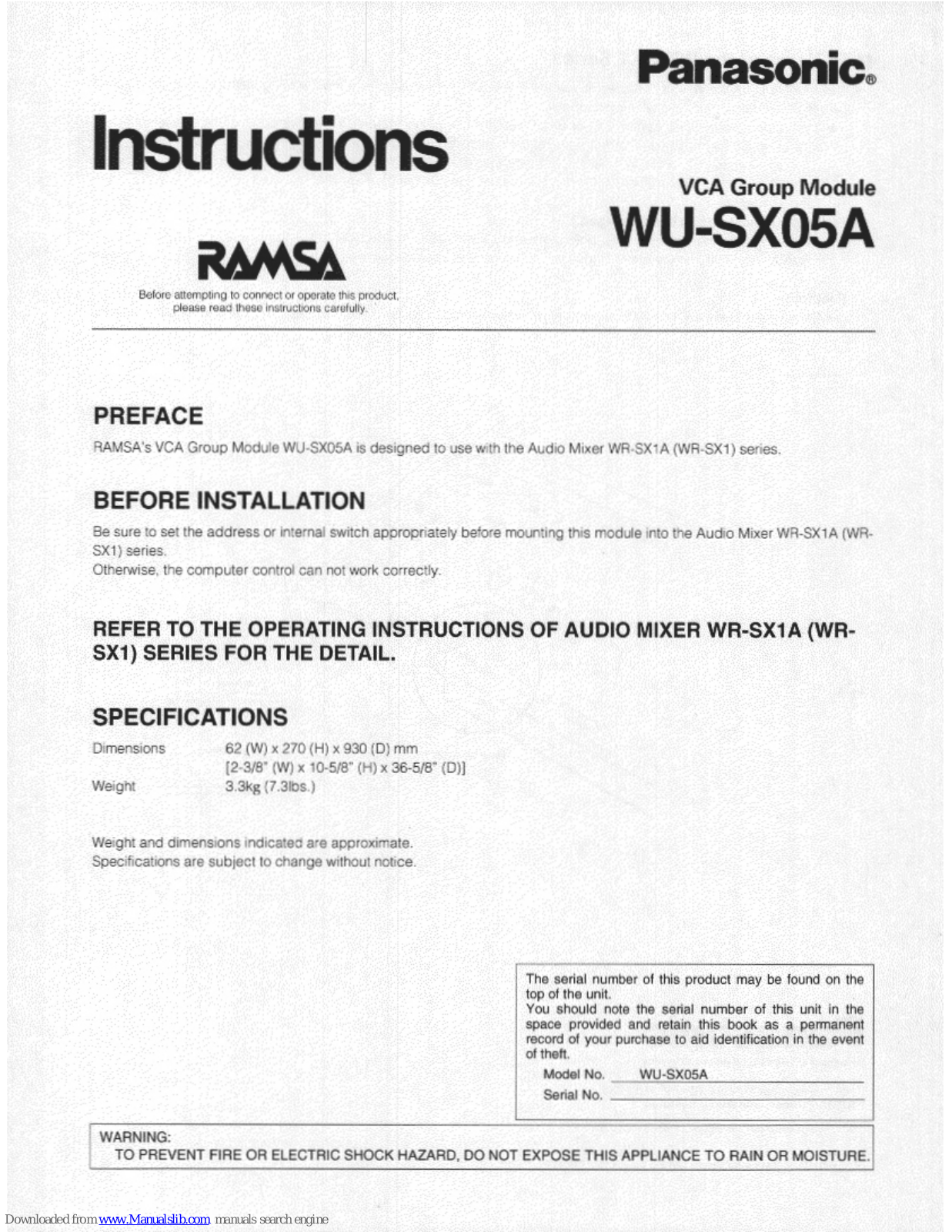 Panasonic Ramsa WU-SX05, WU-SX05A Instructions Manual