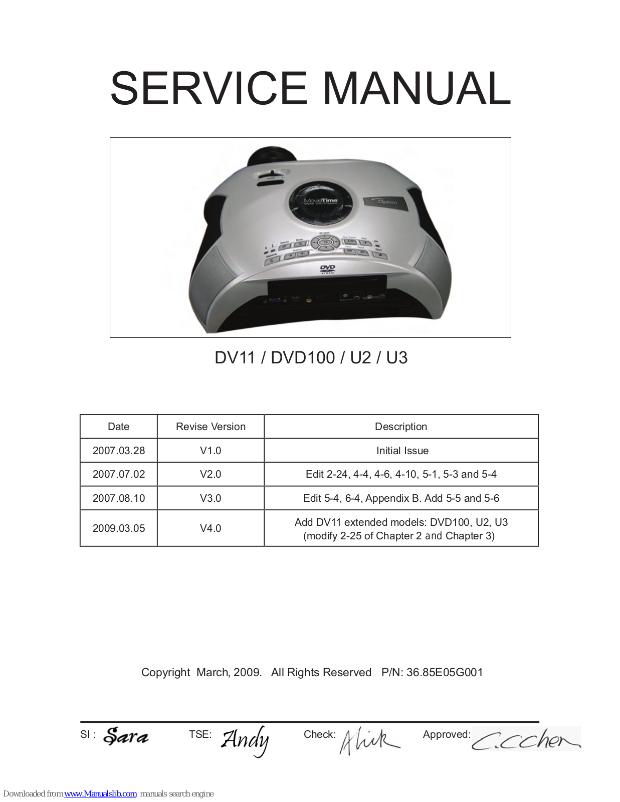 Optoma DV11, DVD100, U2, U3 Serveice Manual