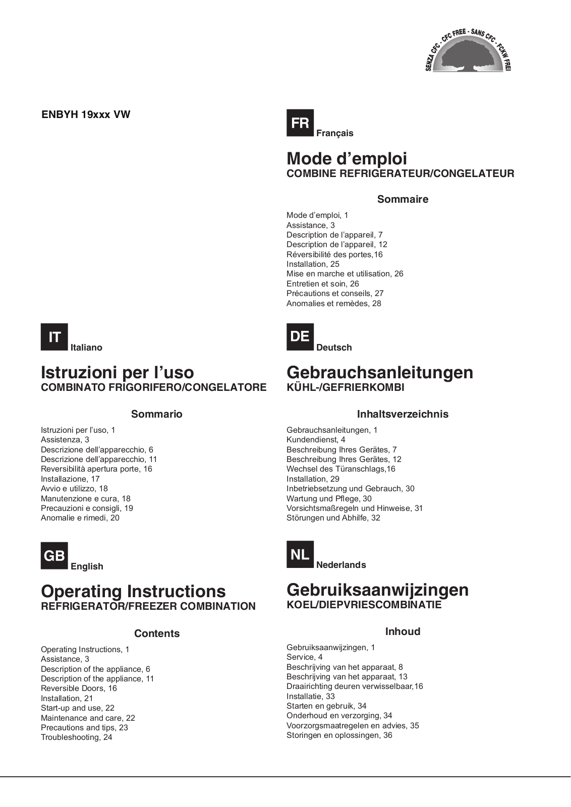 Hotpoint ENBYH 19291 VW, ENBYH 19423 VW User Manual