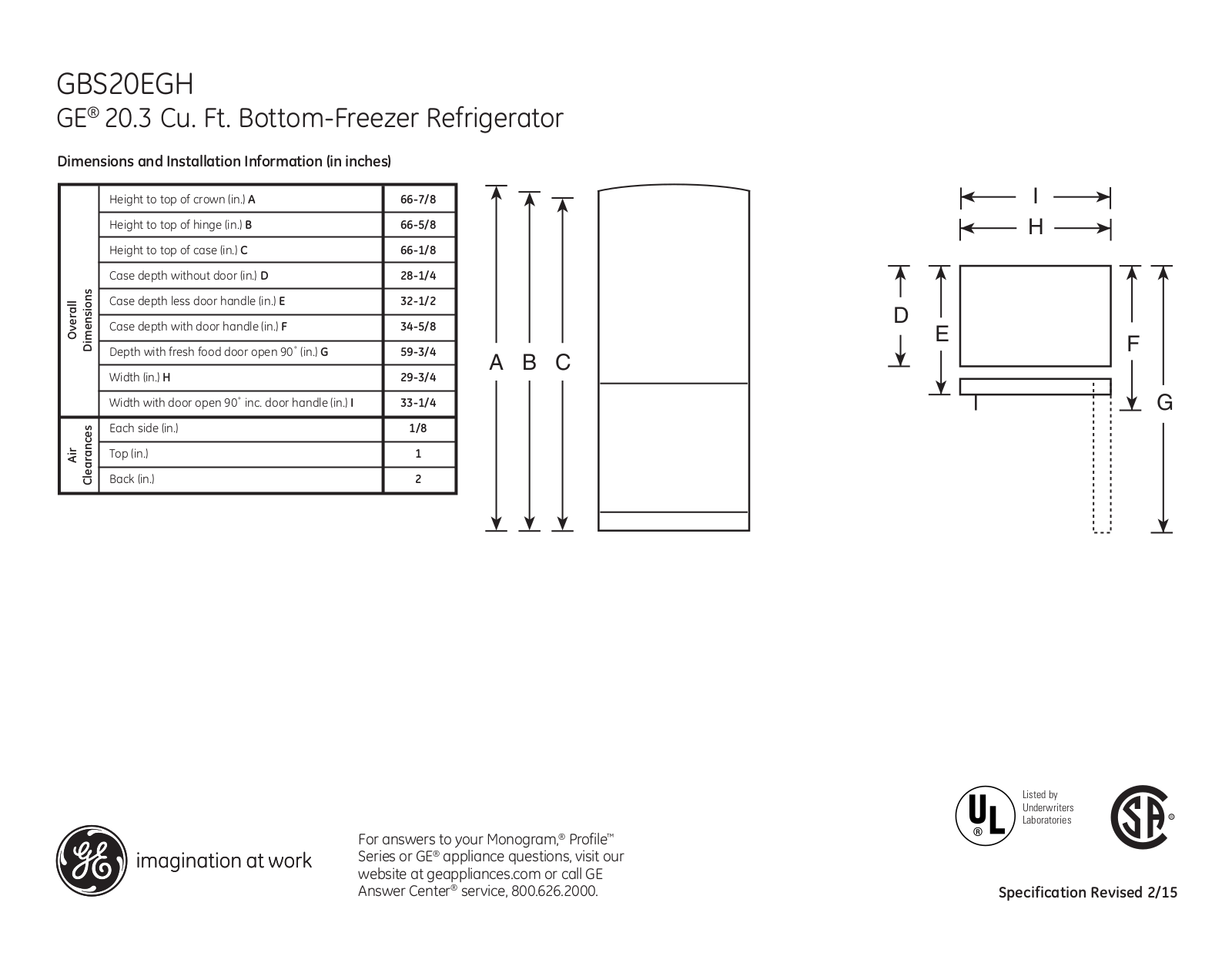 GE GBS20EGHBB, GBS20EGHWW Specification Sheet