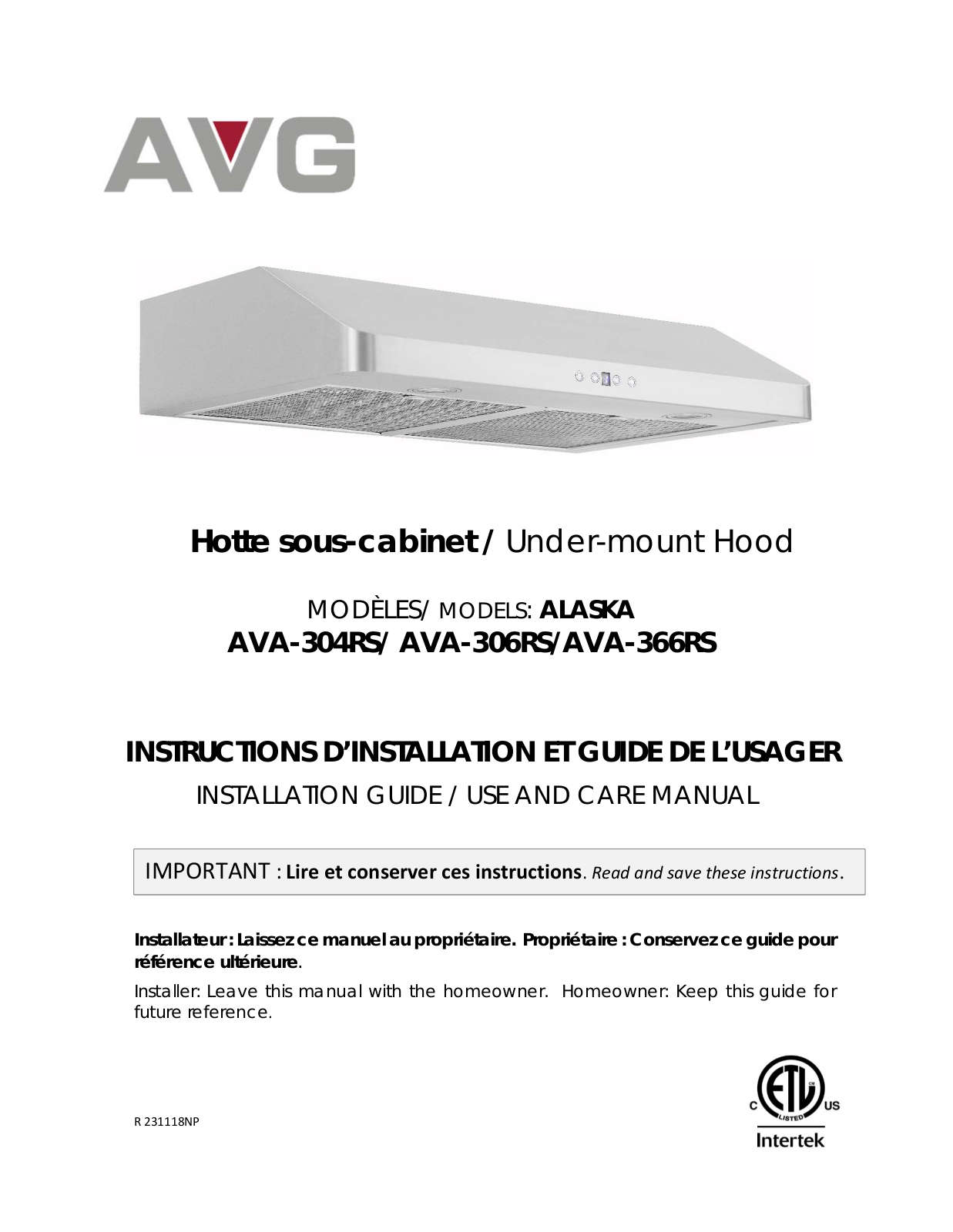 AVG AVA-304RS, AVA-306RS, AVA-366RS INSTALLATION INSTRUCTIONS AND OPERATION MANUAL