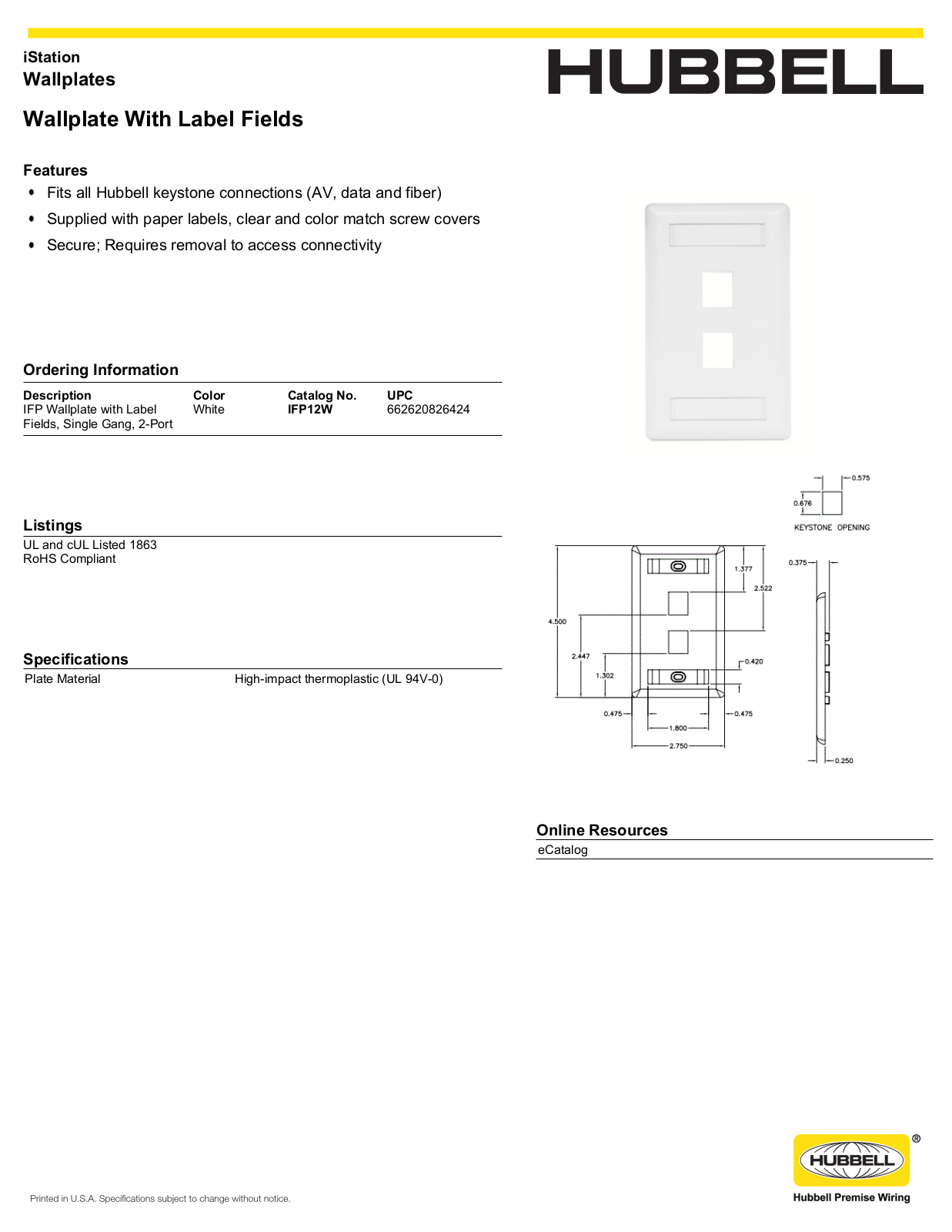 Hubbell IFP12W Specifications