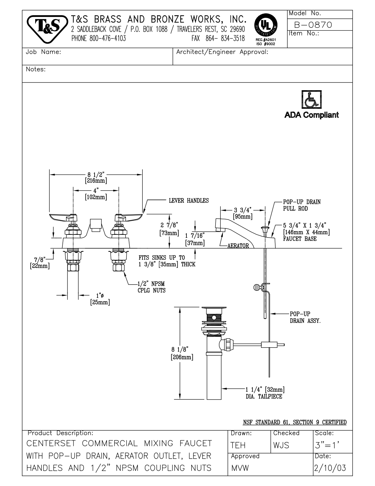 T & S Brass & Bronze Works B-0870 General Manual