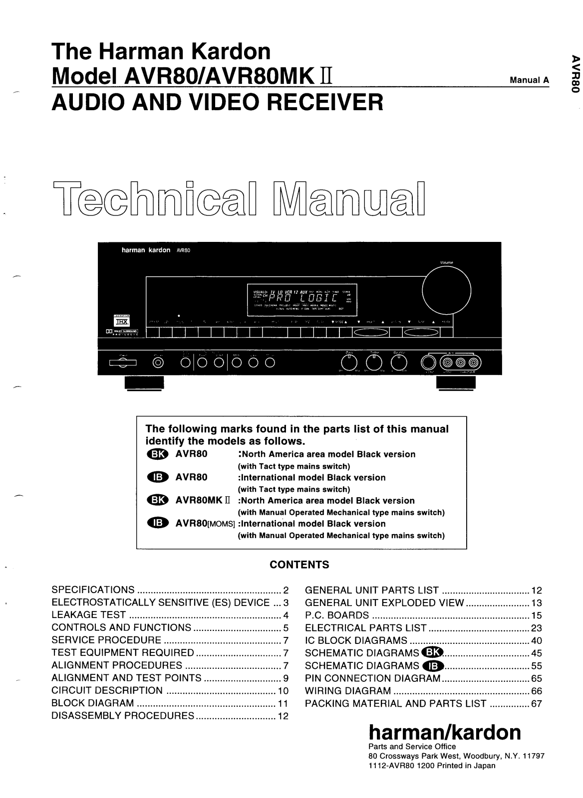 Harman Kardon AVR80 Techical Manual