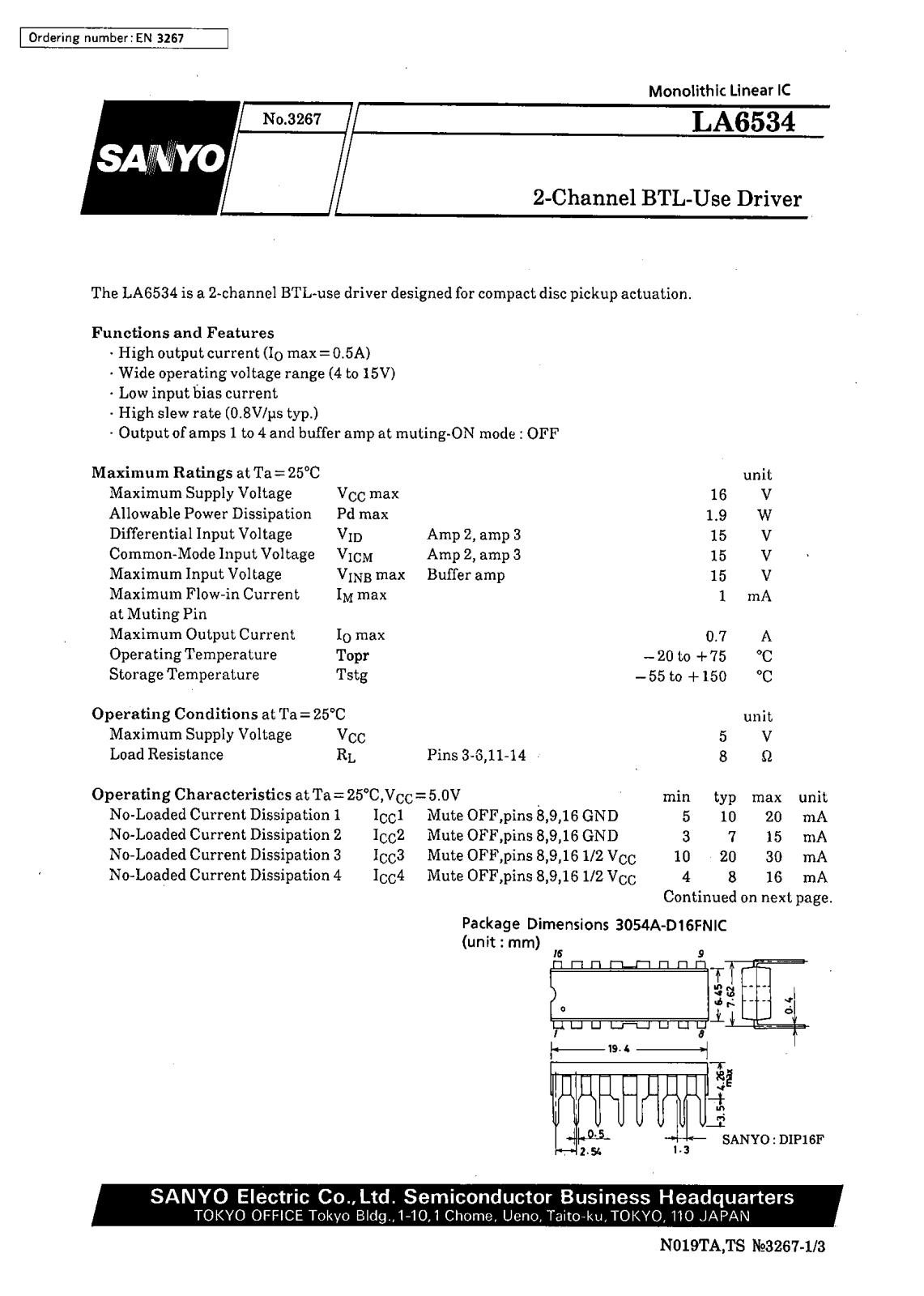 SANYO LA6534 Datasheet