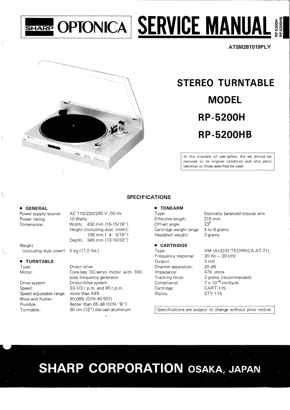 Optonica RP-5200-H, RP-5200-HB Service manual