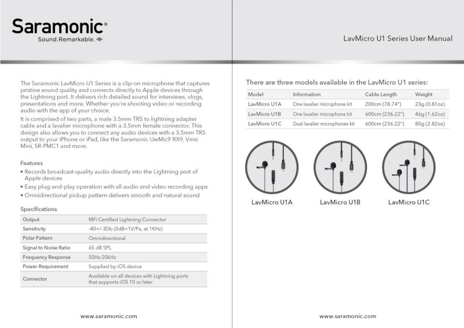 Saramonic Lavmicro U1b, Lavmicro U1a, Lavmicro U1c Users manual