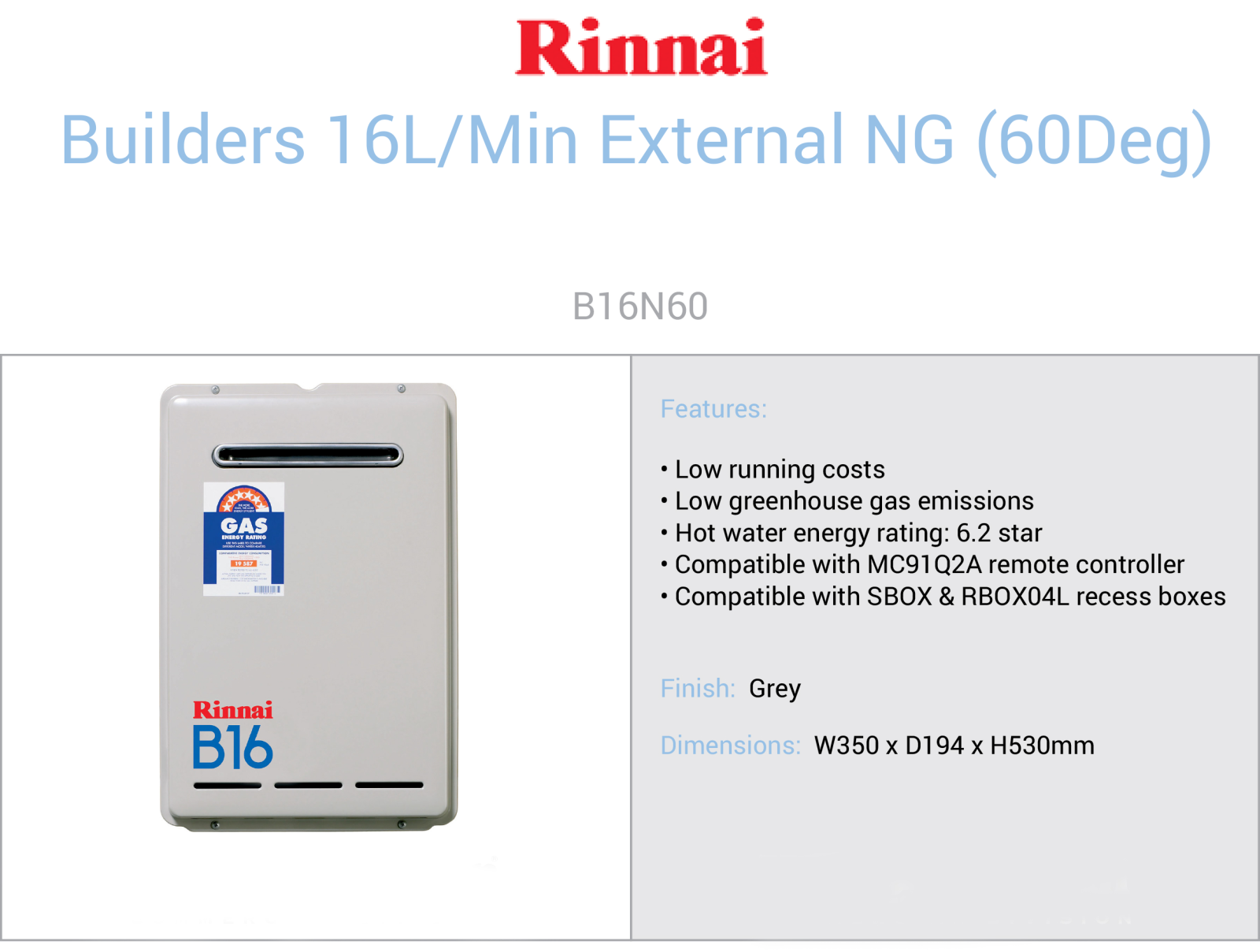 Rinnai B16N60 Specifications Sheet