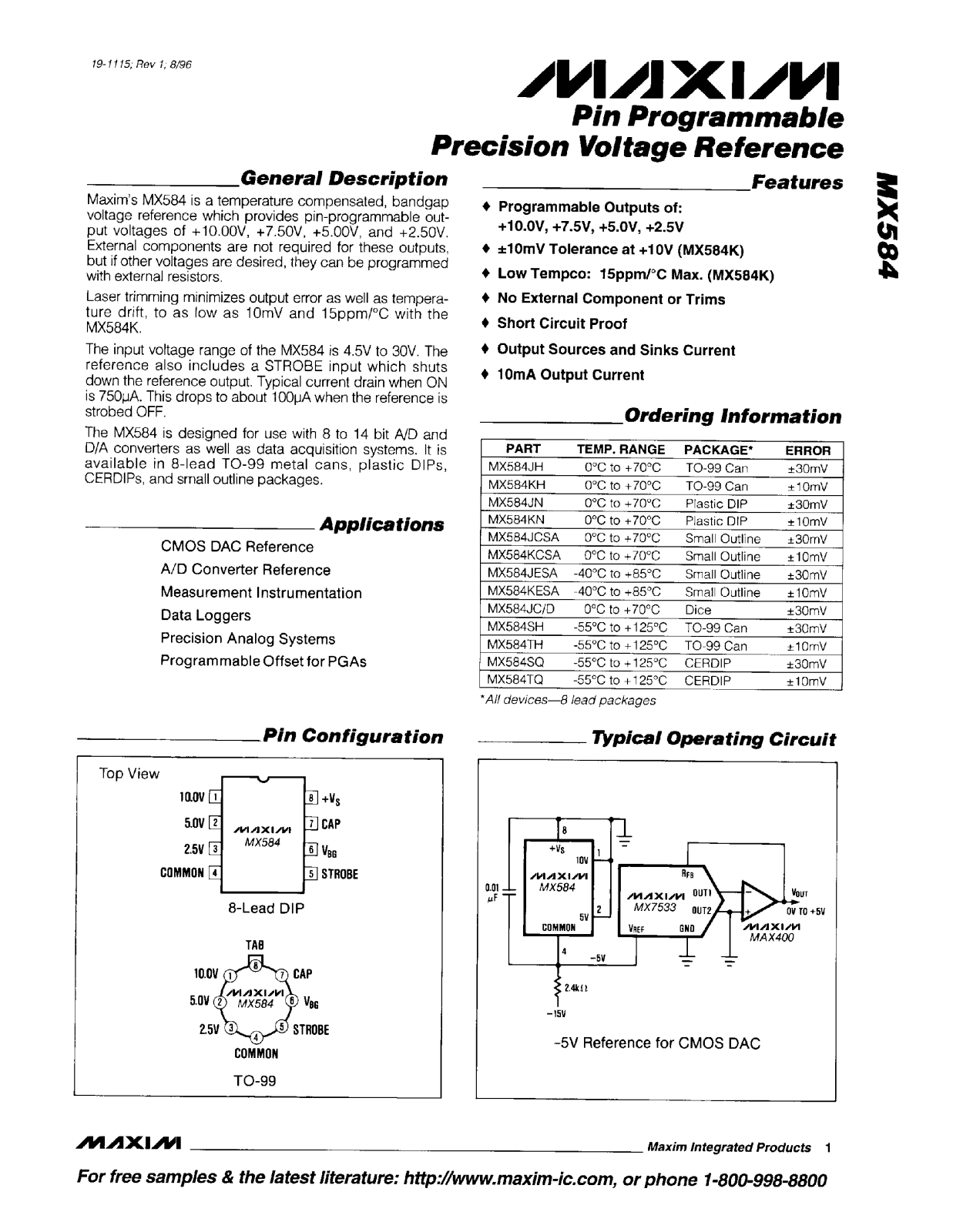 Maxim MX584JC-D, MX584JCSA, MX584JESA, MX584JH, MX584JN Datasheet