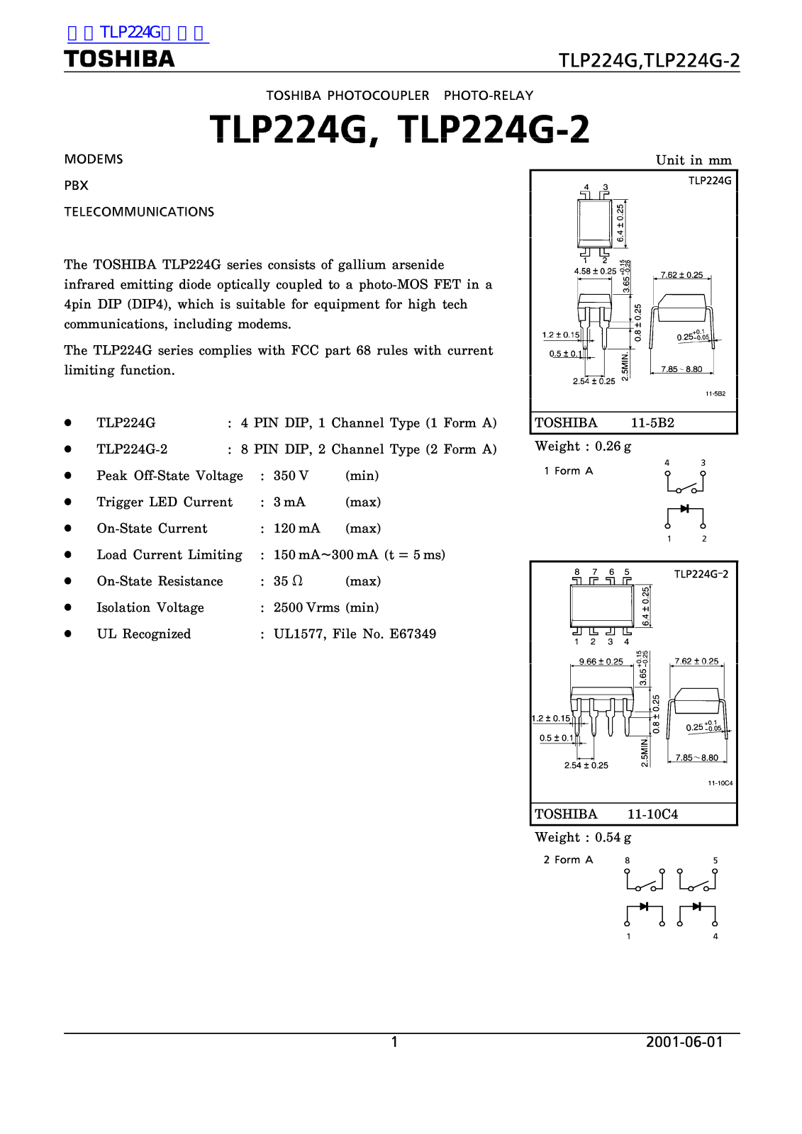 TOSHIBA TLP224G, TLP224G-2 Technical data