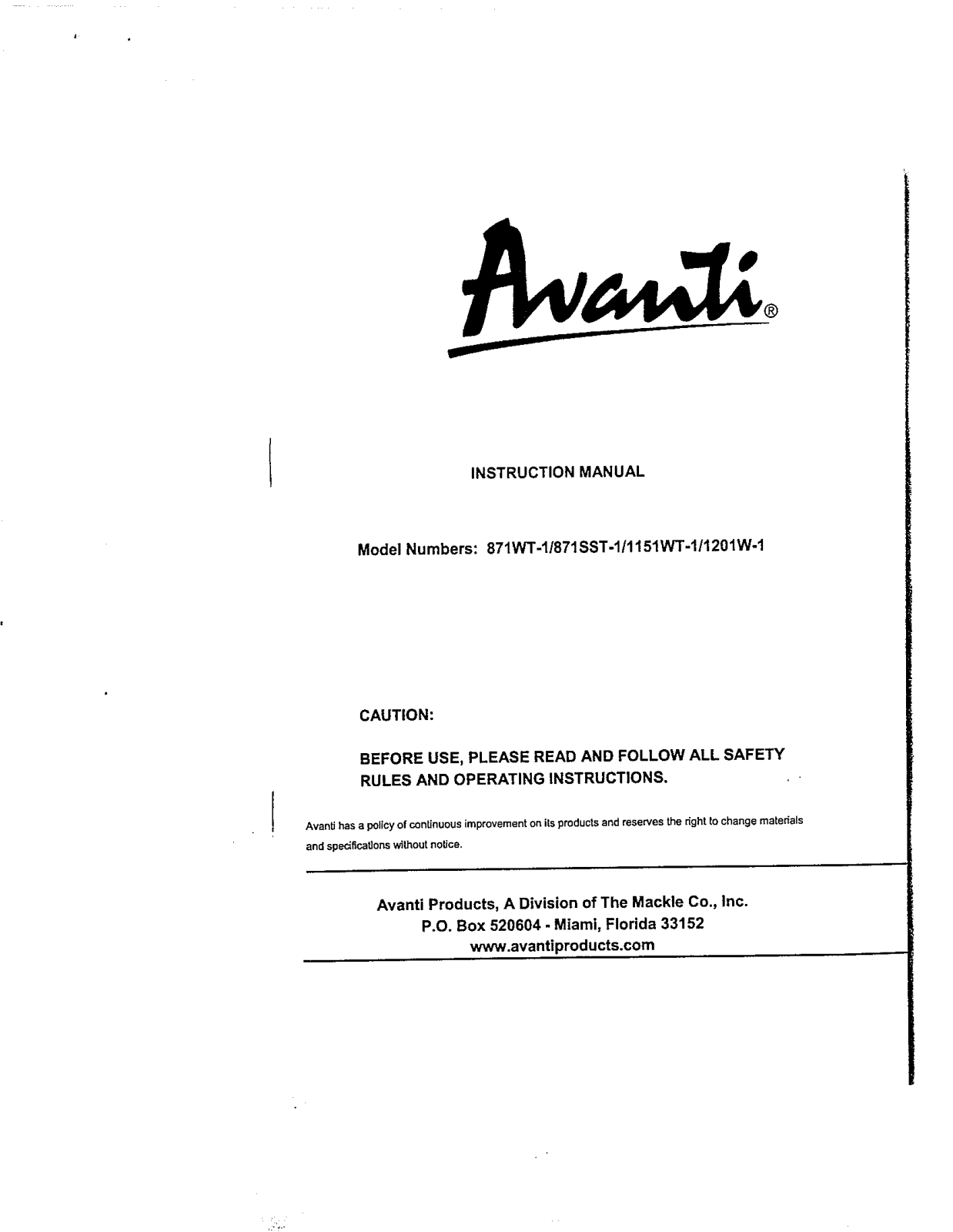 Avanti 1109YWT User Manual