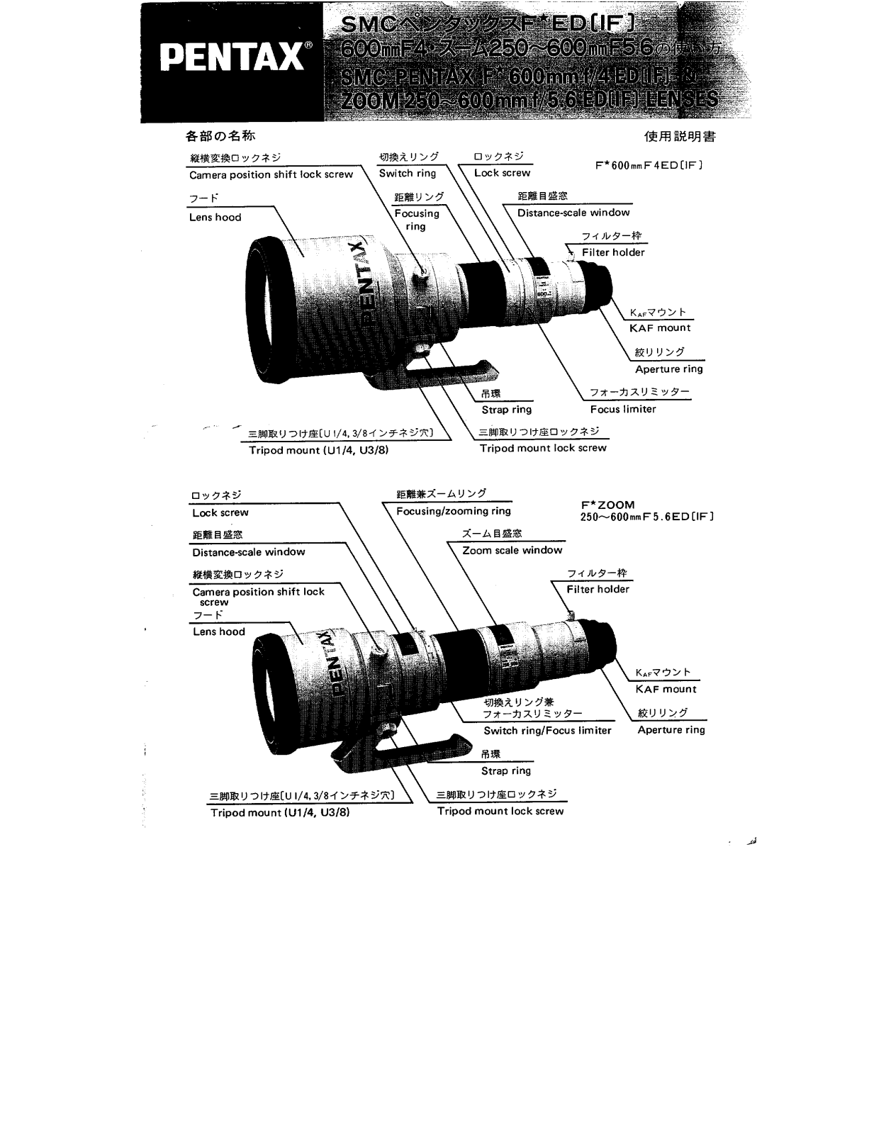 Pentax SMC F 600MM F/4 ED (IF), SMC ZOOM 250-600MM F/5.6 ED INSTRUCTION MANUAL