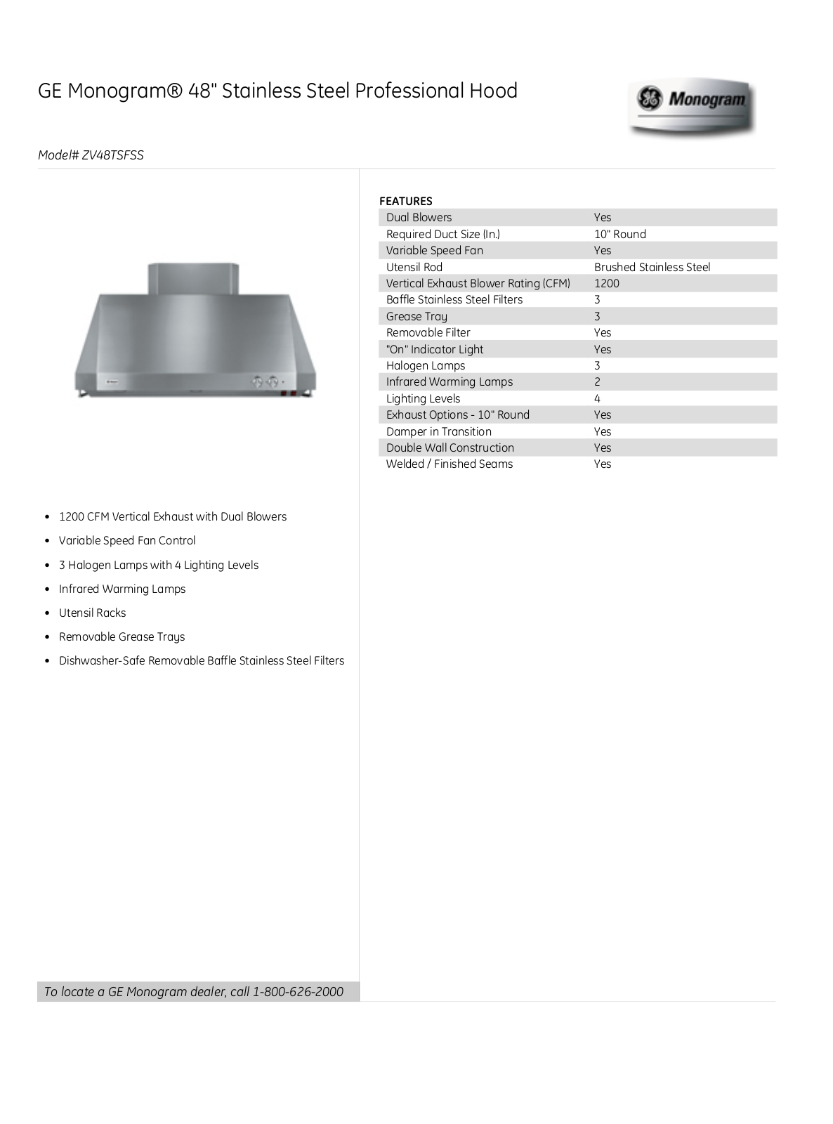 Monogram ZV48TSFSS Product Feature manual