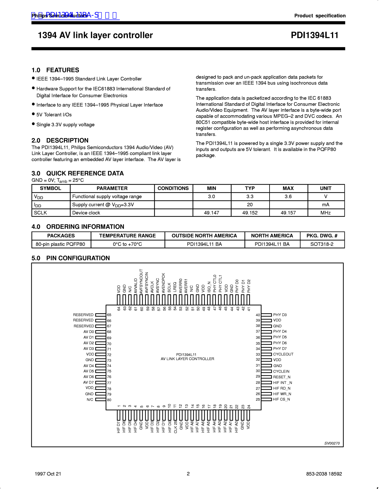 Philips PDI1394L11 Technical data