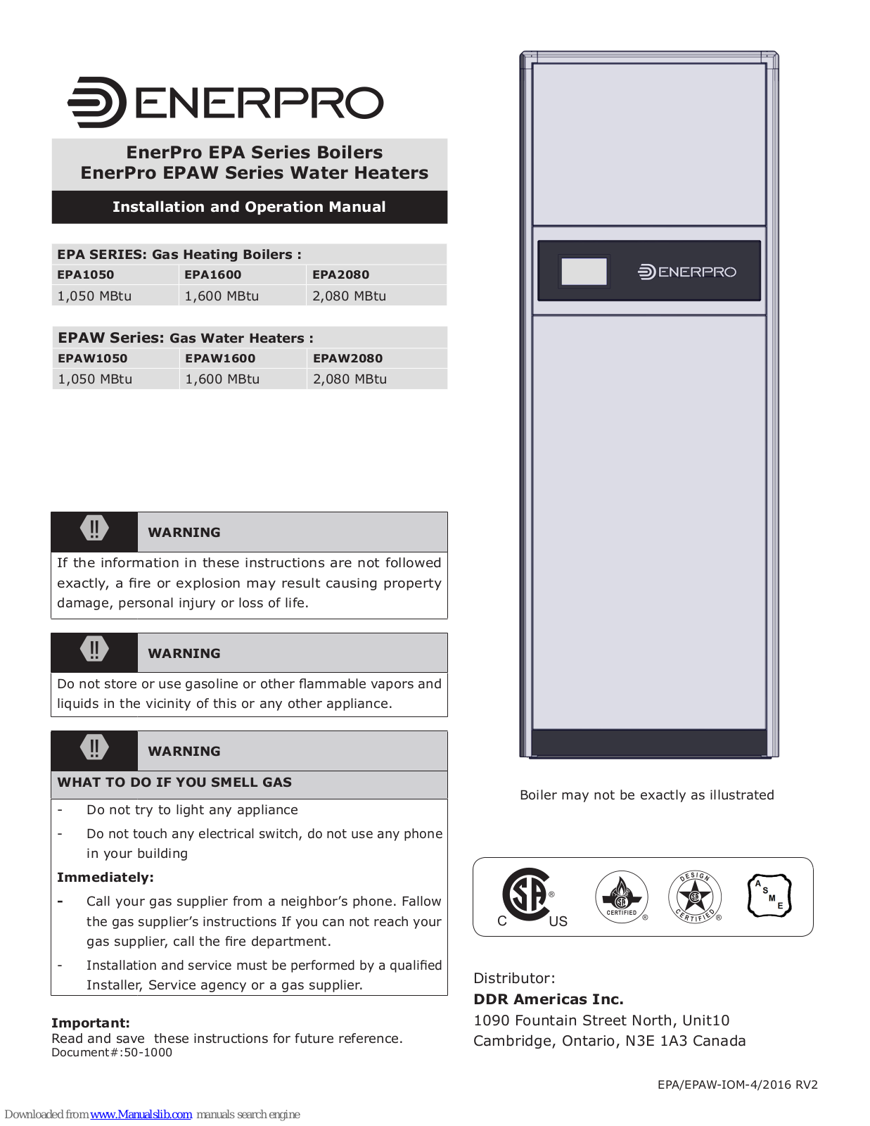 EnerPro EPA1050, EPAW1050, EPA1600, EPA2080, EPAW1600 Installation And Operation Manual