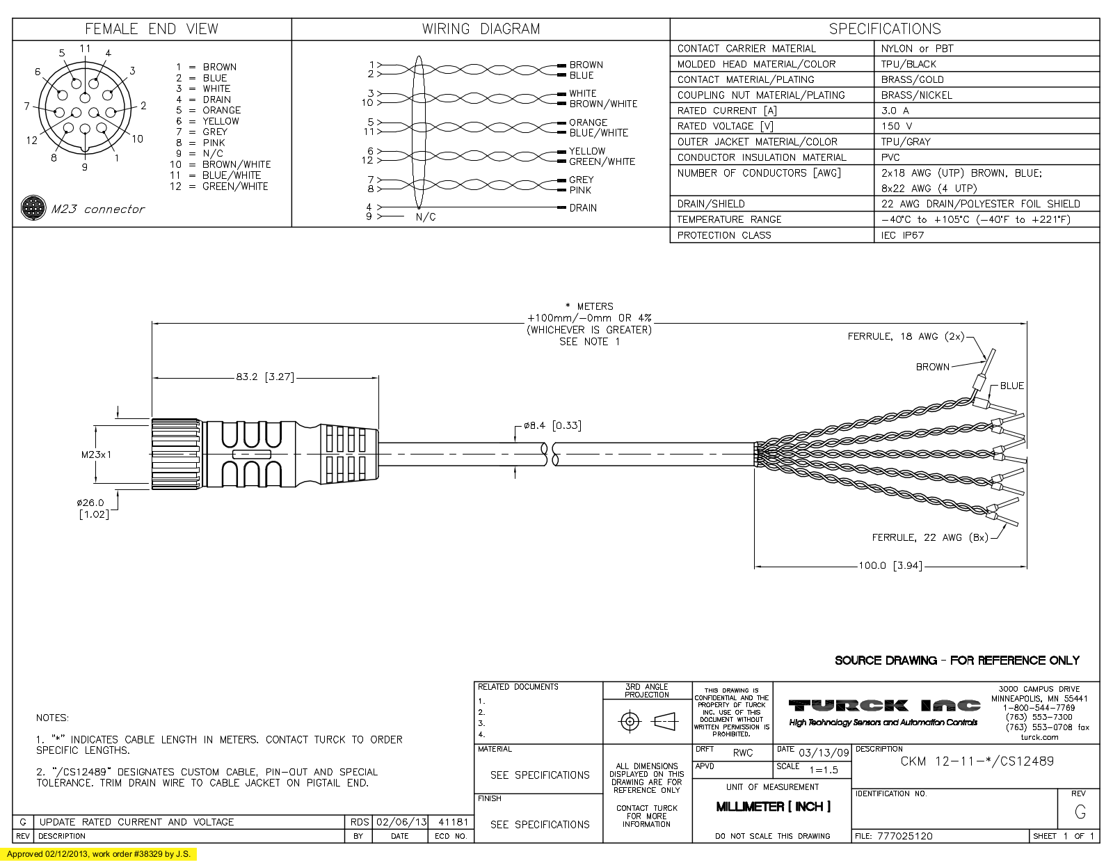 Turck CKM12-11-15.3/CS12489 Specification Sheet