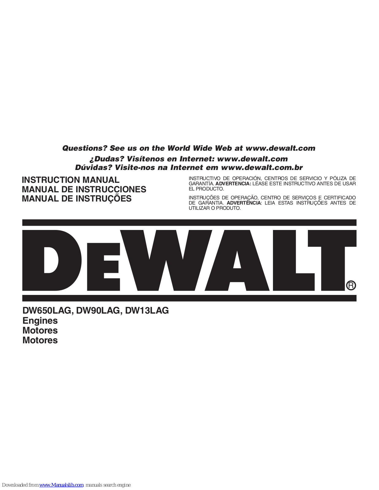 DeWalt DW650LAG, DW90LAG, DW13LAG Instruction Manual