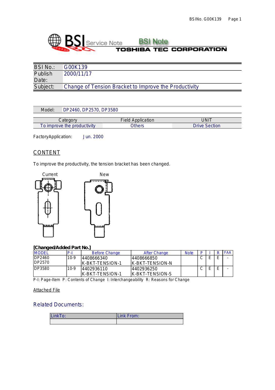 Toshiba G00K139 Service Note