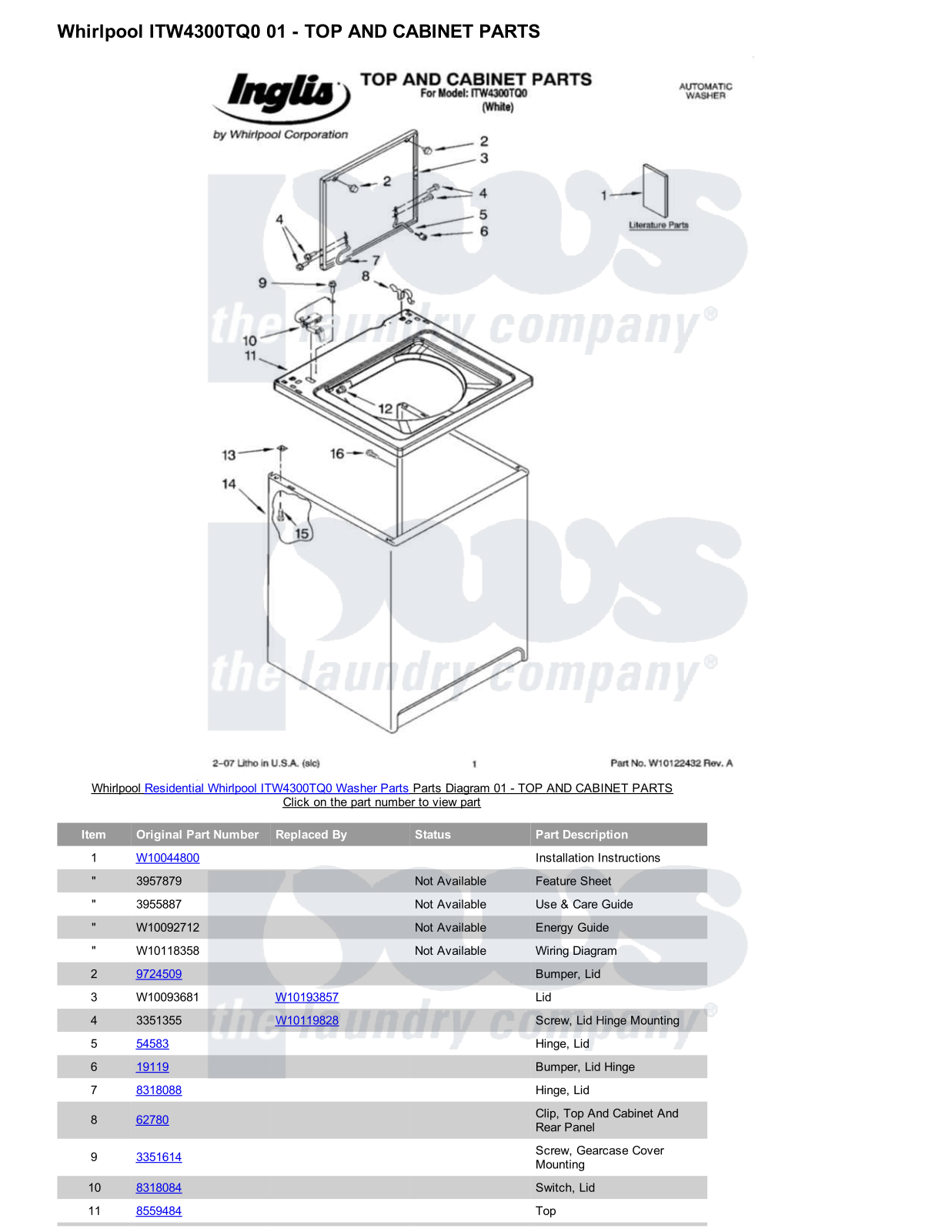 Whirlpool ITW4300TQ0 Parts Diagram