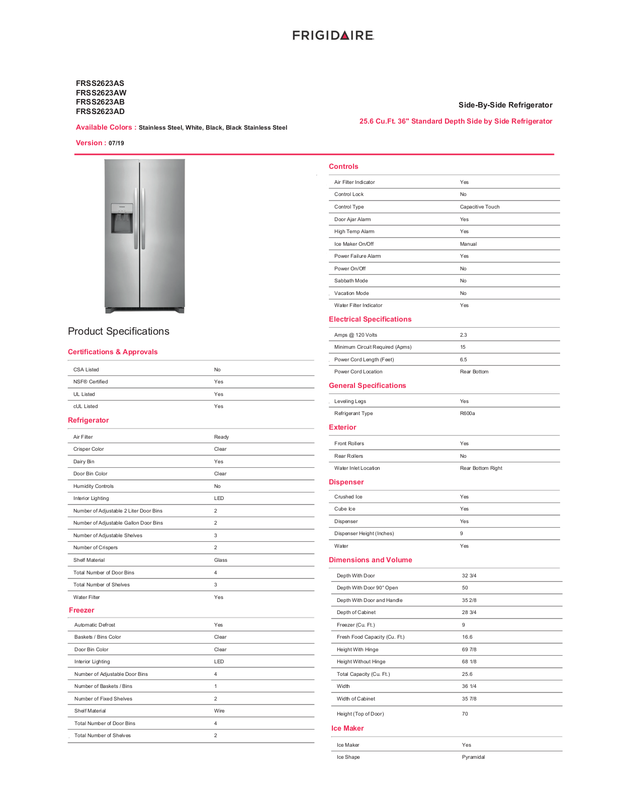 Frigidaire FRSS2623AS PRODUCT SPECIFICATIONS