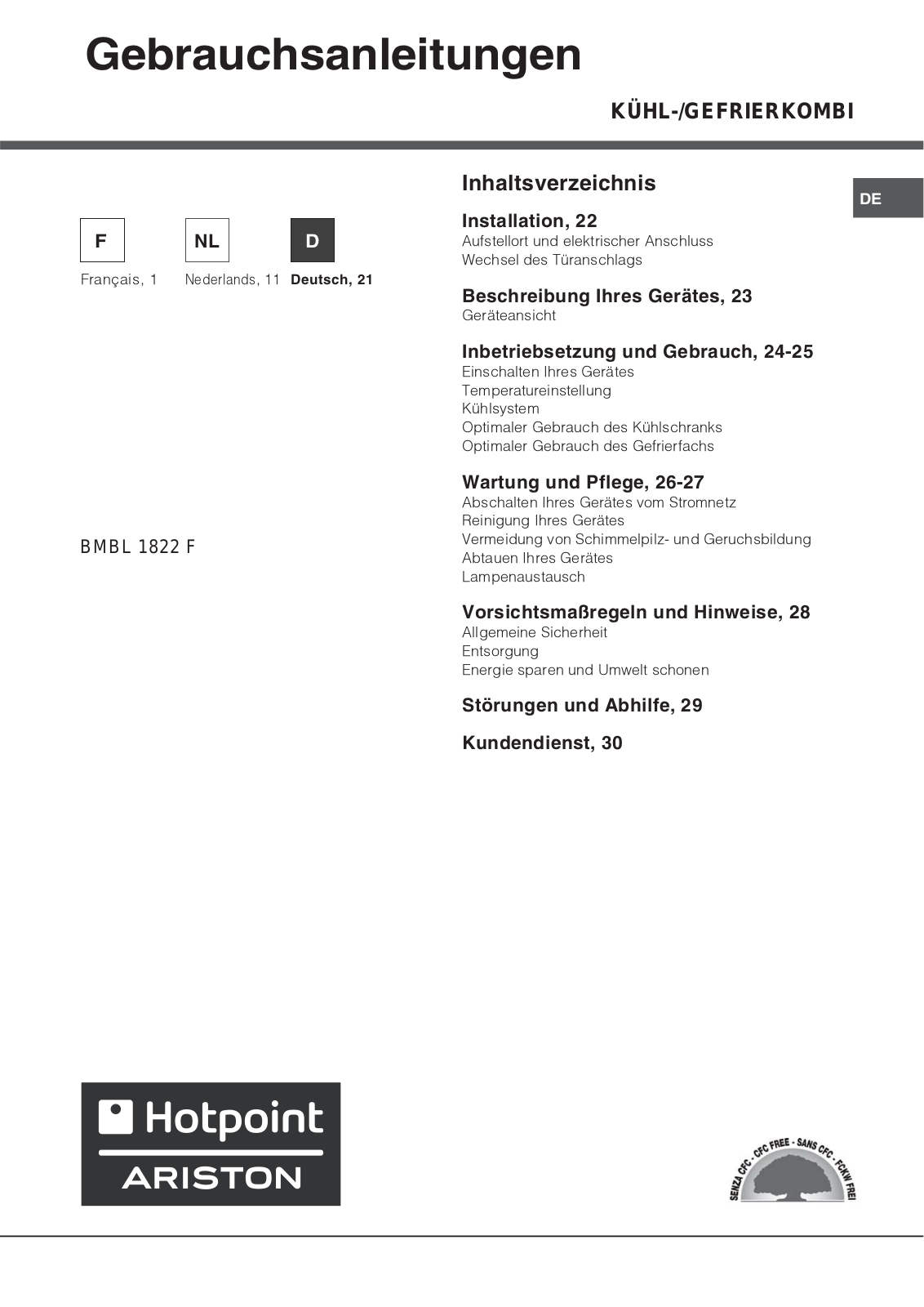 Hotpoint BMBL 1822 F User Manual