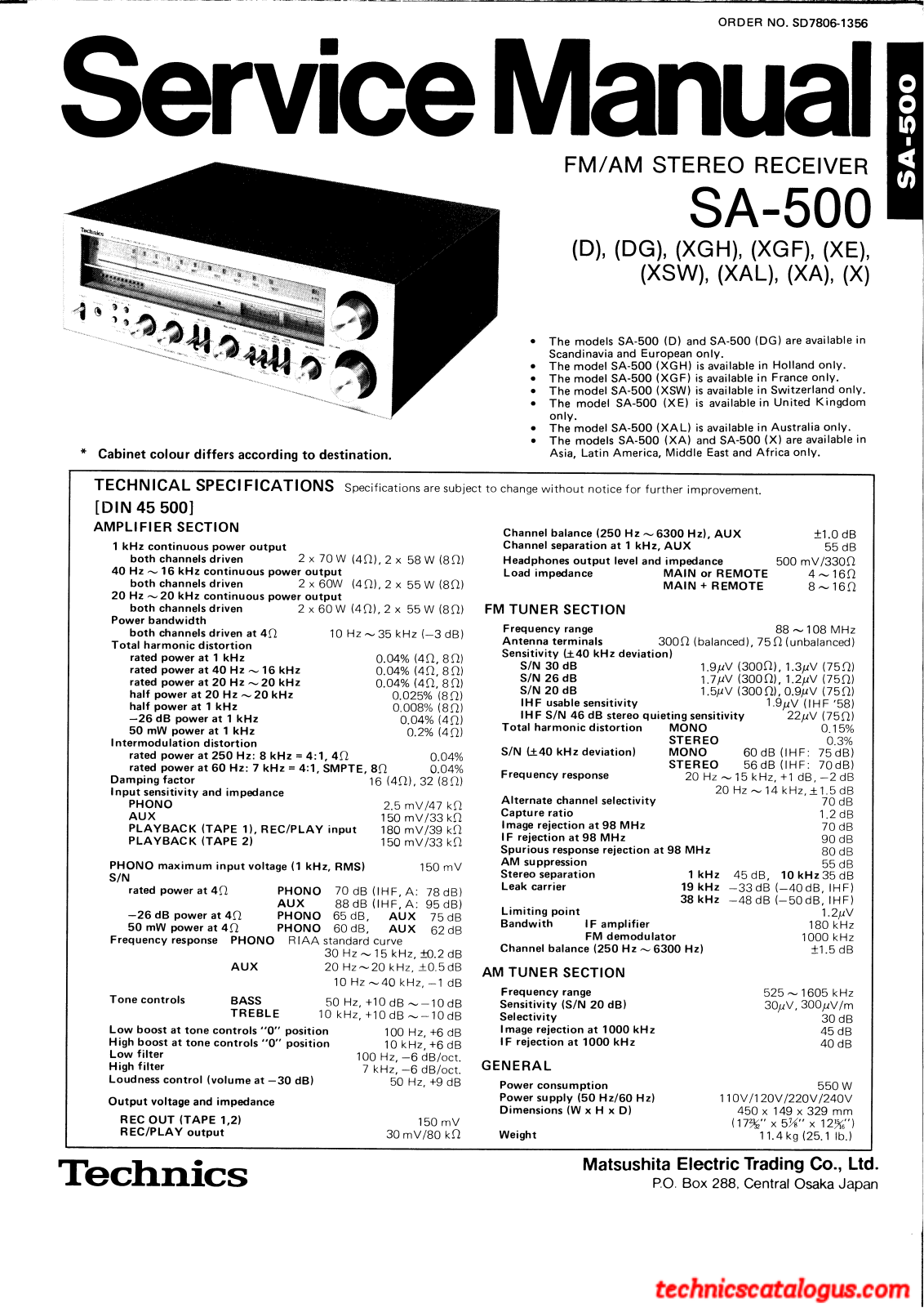 Technics SA-500 (D), SA-500, SA-500 (XSW), SA-500 (XAL), SA-500 (XA) Service Manual