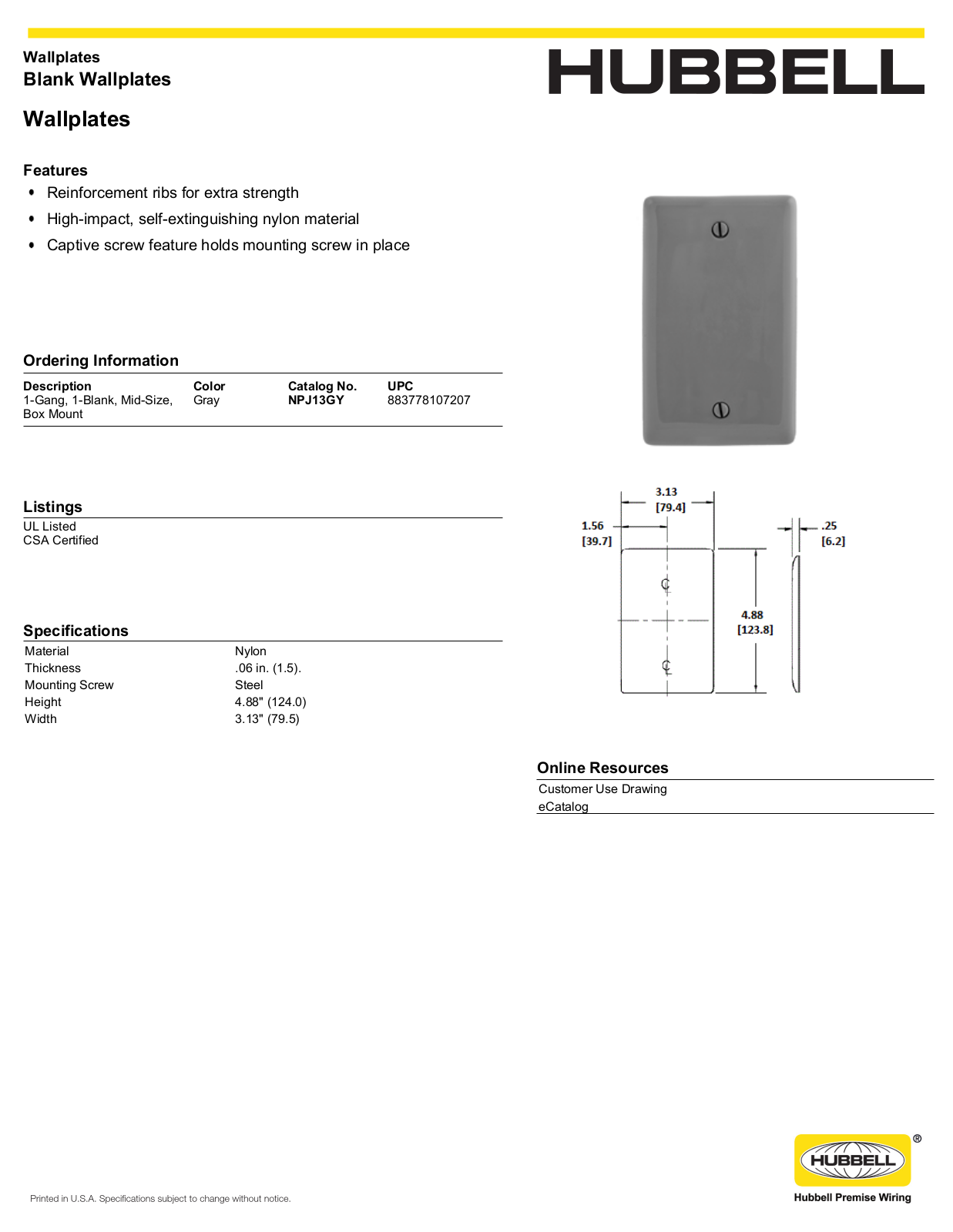 Hubbell NPJ13GY Specifications