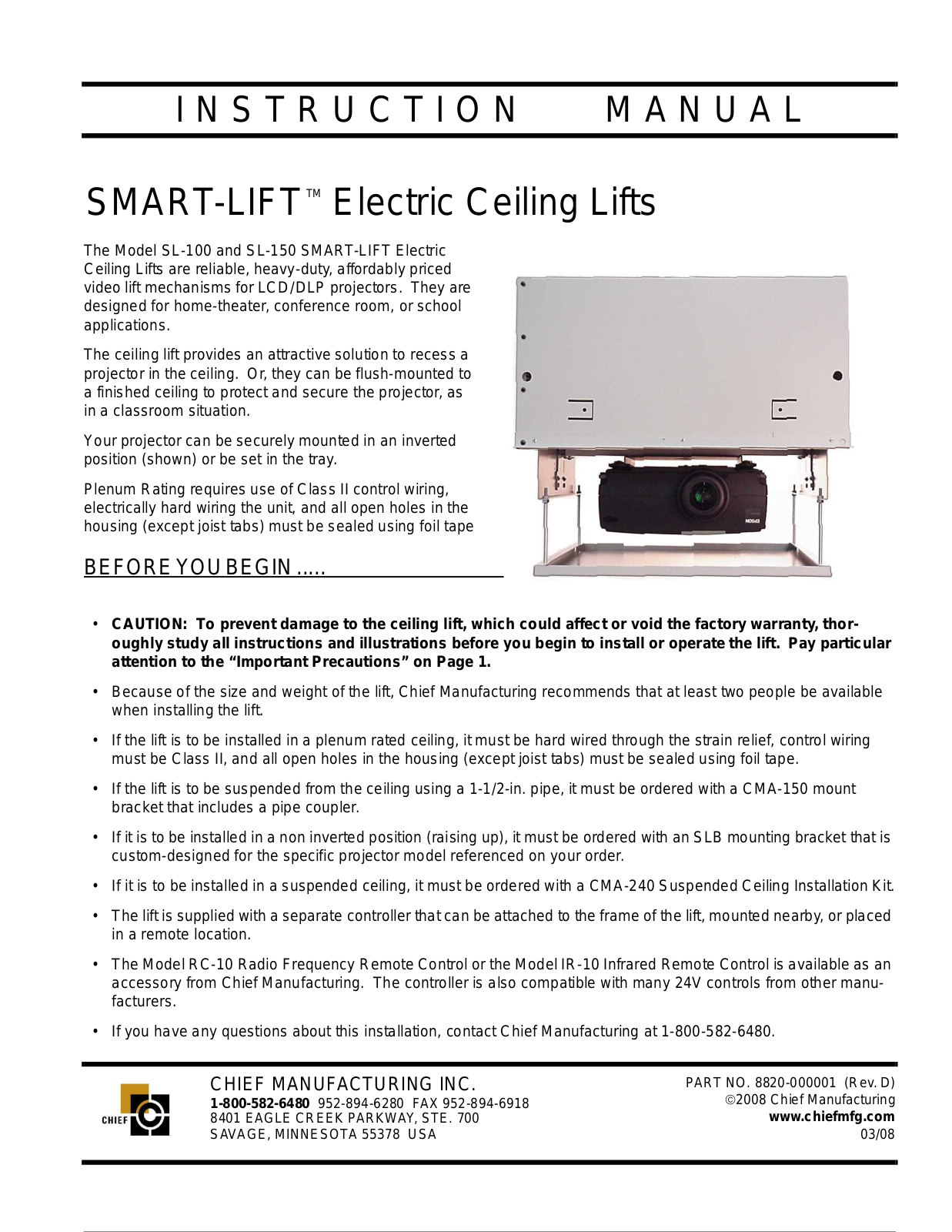 CHIEF SL-150, SL-100 Instruction Manual