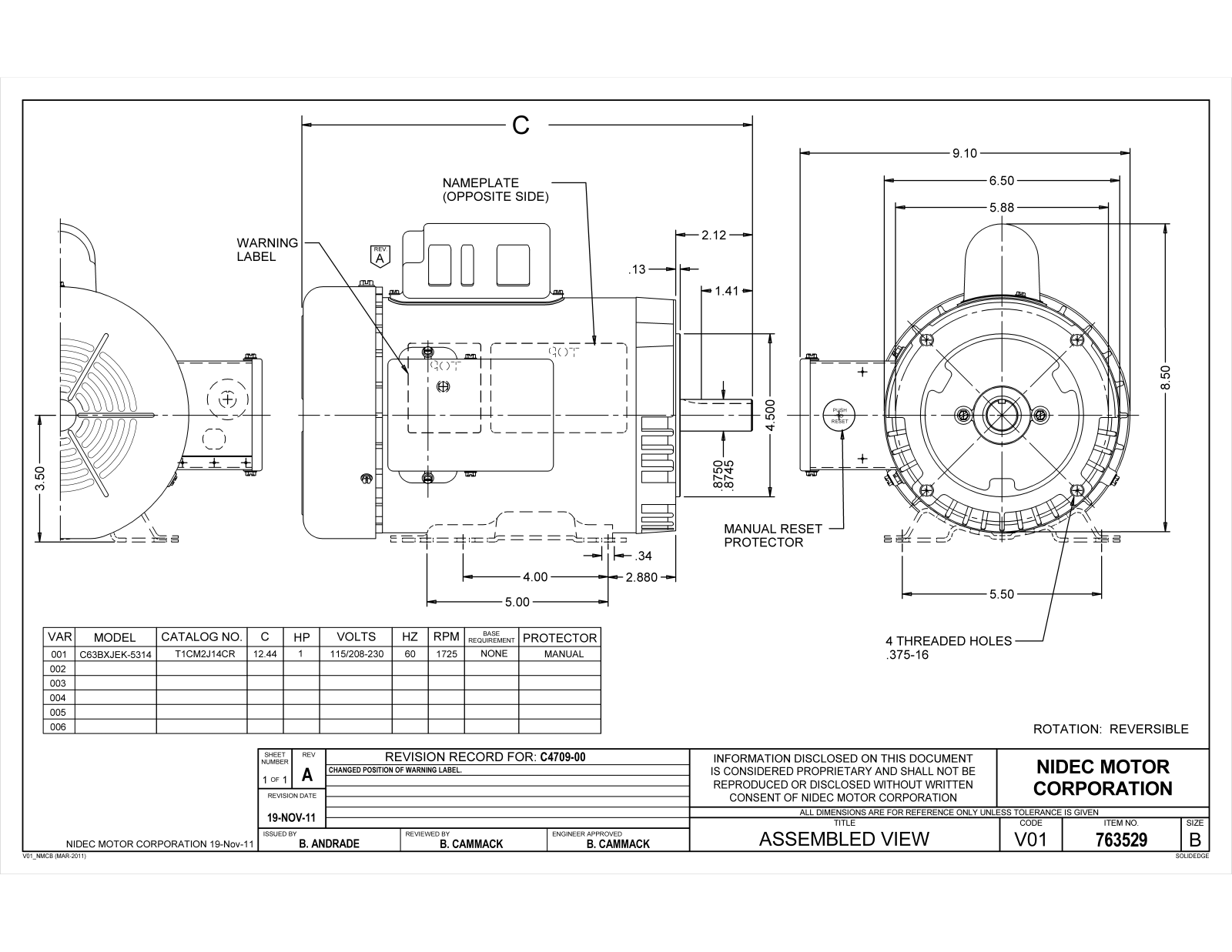 US Motors T1CM2J14CR Dimensional Sheet