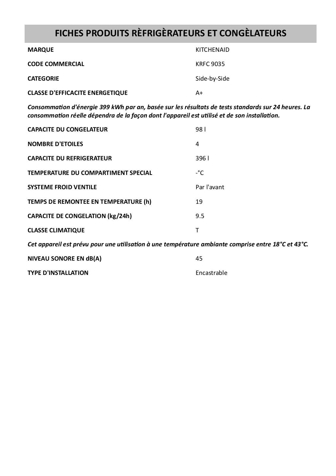 KitchenAid KRFC 9035 Product Information