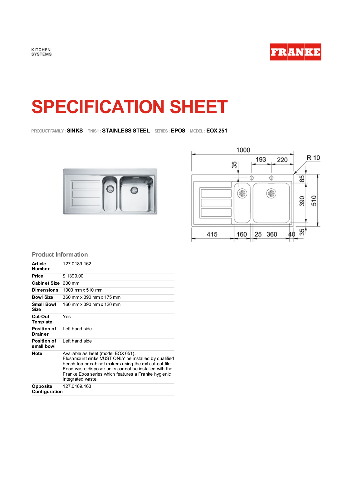 Franke Foodservice EOX 251 Specification